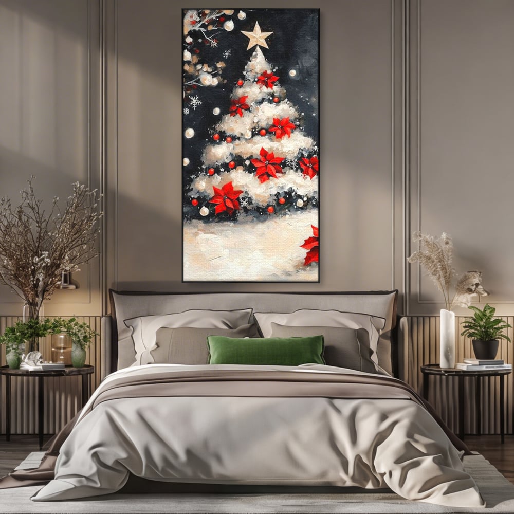 Tablou canvas cu tablou canvas cu brad de craciun pictat, in rama de aluminiu negru, pe perete intr-un dormitor